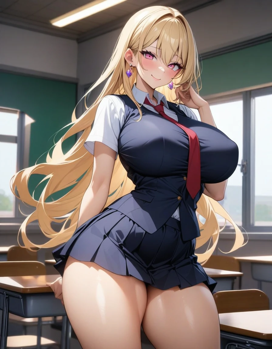 blonde hair color,long hair,pink eyes,high school costume,tie,skirt,earrings,huge breasts,Whipped thighs,slender,SFW,perfect,high quality,faultless,smile,near,SFW,perfect,high quality,faultless,classroom background