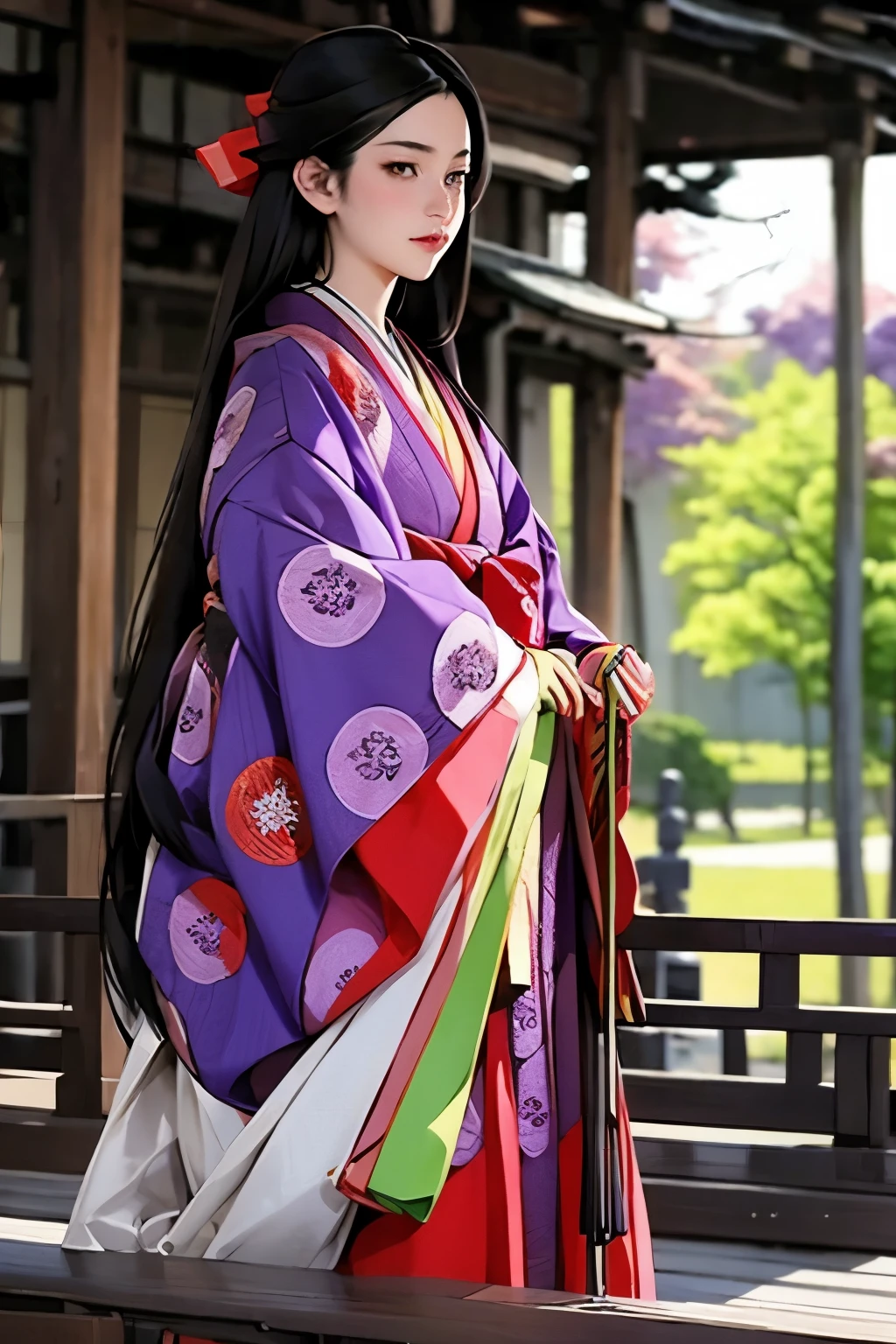 (masterpiece, best quality:1.2), 1girl, juni-hitoe, solo, very long black hair, purple-red karaginu, purple-red hakama, holding (open hiogi), blur the background, sodeguchi accurate depiction,