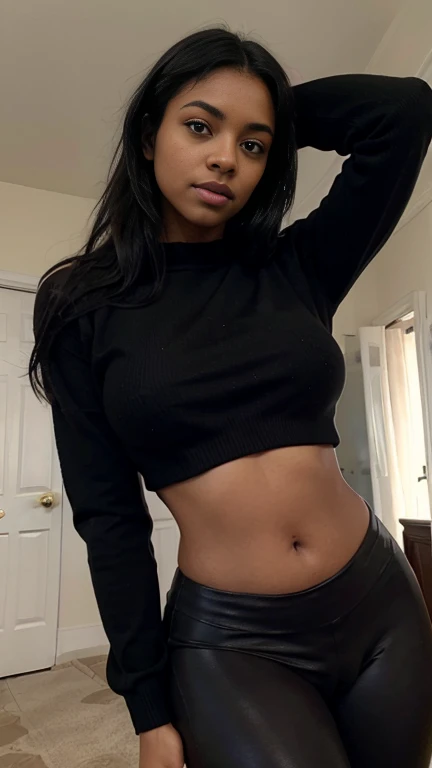 Beautiful girl, dark skin, black hair, huge breasts, wearing a bare-chested crop top sweater, wearing a tight short leggings, sexy post, in the president room.