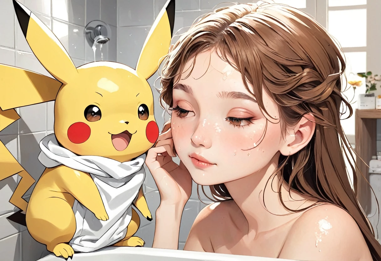 Pikachu washing its face in the bathroom