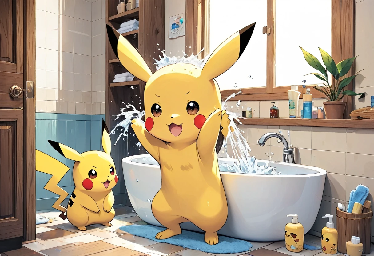 Pikachu washing its face in the bathroom