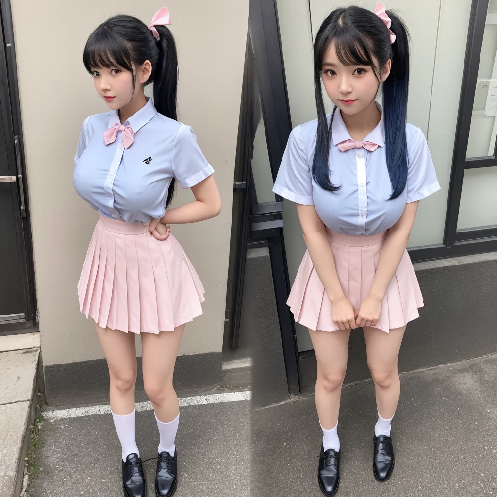 excellent work、HD analysis、Highest level of image quality、Standing、16K、reality、1 girl、student、18 years old、Energetic、student、Japanese school uniform、JK uniform、White short-sleeved shirt、Pink pleated skirt、Pink bow at neckline(Soft saturation:1.3)、(Light blue:1.2)、Full body facing the camera、F/8.0 aperture、Character Close-up、Black hair、Double ponytail hairstyle、Silky hair、Blue hair ribbon、show whole forehead、(extremely huge breasts:3.0)、Full breasts、Filled with clothes、Show your legs、Smooth legs、Black leather shoes