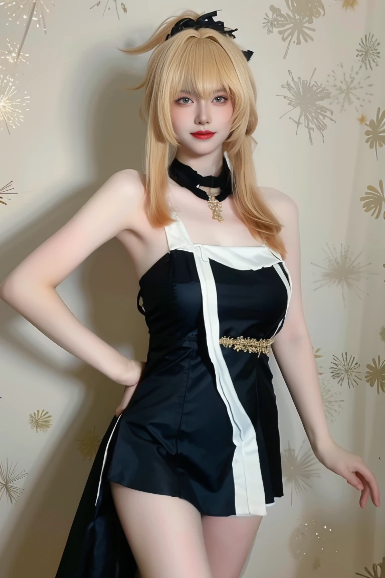 best quality, tmasterpiece,Ultra-high resolution,Clear face,(Reality:1.4),ferpect lighting,(upper body shot:1.5), (photorealistic:1.50), anime wallpaper, Guviz style artwork, cover-up fantasy up to magic , by Yang J, Guviz, beautiful artwork illustration, beautiful digital artwork, beautiful digital illustration, Li Song, beautiful anime portrait, art style in Beauvot,1girl, solo, long hair, blonde hair, Ponytail hair, Hair ribbon, Bangs, hair ornament, (black dress:1.3), short dress, Thigh, standing,