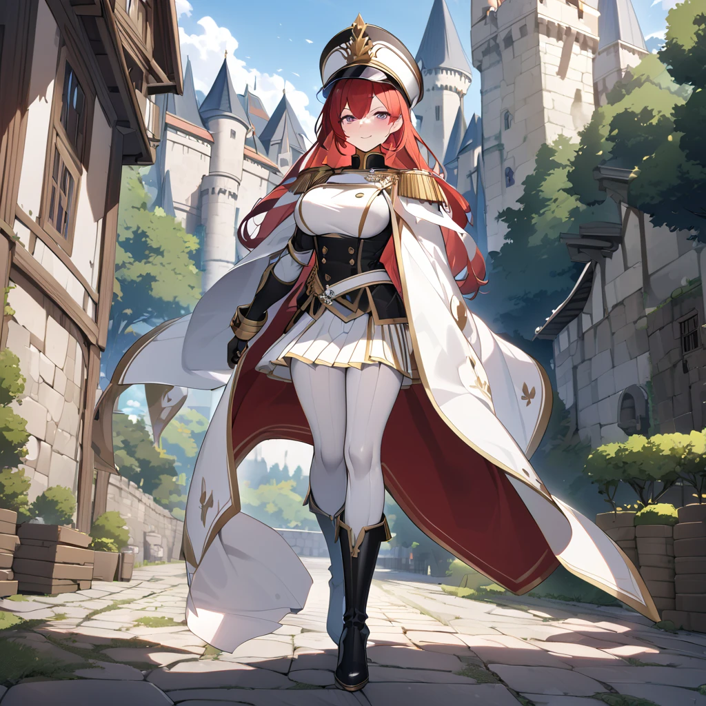 A woman wearing a white British royal guard uniform with gold details, white skirt, black boots, traditional white royal guard hat, red red hair, purple eyes, smiling, walking on a medieval concrete road, trees around, with castle right next to background, daytime location, big breasts, white cape with gold details, standing, posture,perfect face,UHD , work- prime, precise, anatomically correct, textured skin, super details, high quality, best quality, 8k, high resolution, bokeh effect. (woman solo)
