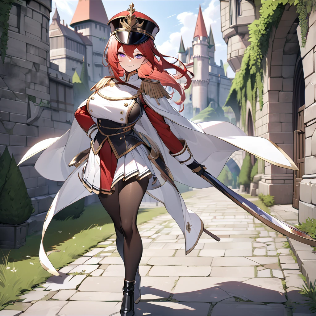 A woman wearing a white British royal guard uniform with gold details, white skirt, black boots, traditional white royal guard hat, red red hair, purple eyes, smiling, walking on a medieval concrete road, trees around, with castle right next to background, daytime location, big breasts, white cape with gold details, standing, posture,perfect face,UHD , work- prime, precise, anatomically correct, textured skin, super details, high quality, best quality, 8k, high resolution, bokeh effect. (woman solo)
