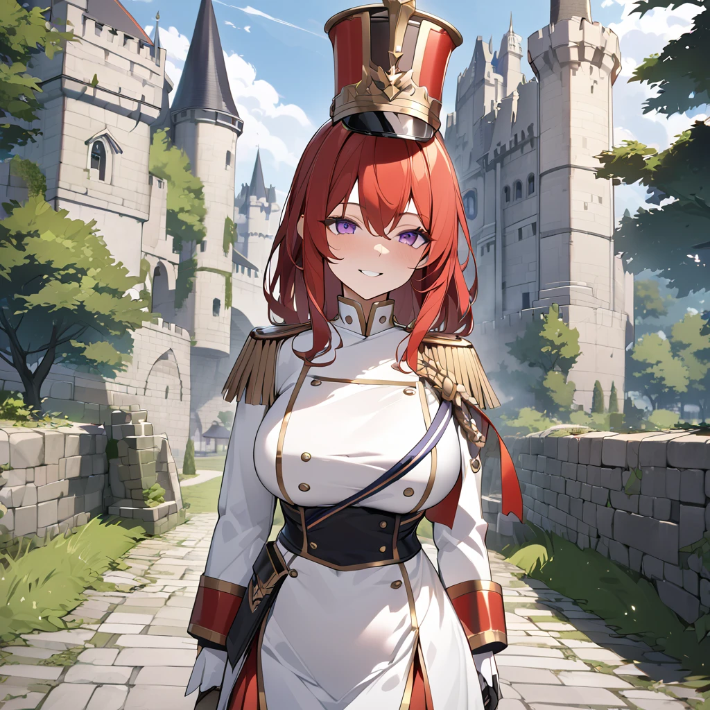 A woman wearing a white British royal guard uniform with gold details, white skirt, black boots, traditional white royal guard hat, red red hair, purple eyes, smiling, walking on a medieval concrete road, trees around, with castle right next to background, daytime location, big breasts, white cape with gold details, standing, posture,perfect face,UHD , work- prime, precise, anatomically correct, textured skin, super details, high quality, best quality, 8k, high resolution, bokeh effect. (woman solo)
