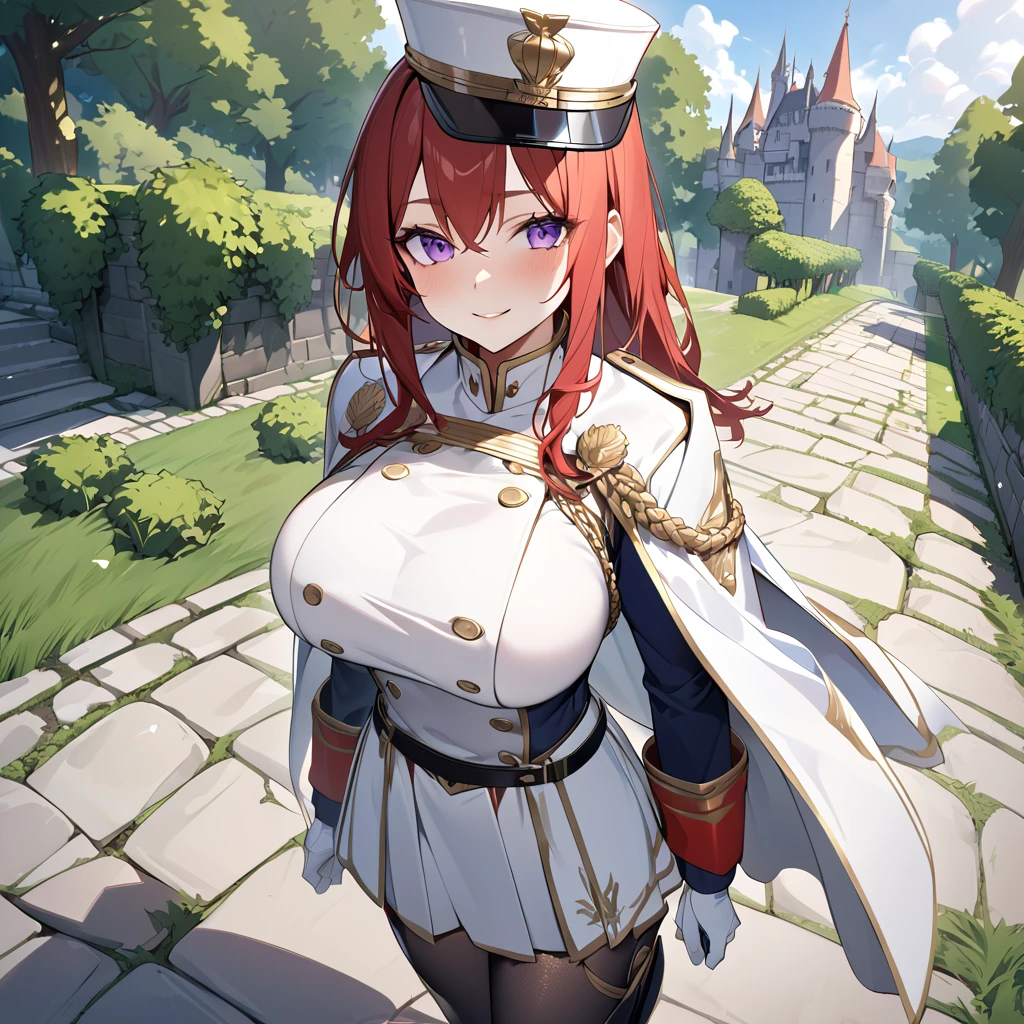 A woman wearing a white British royal guard uniform with gold details, white skirt, black boots, traditional white royal guard hat, red red hair, purple eyes, smiling, walking on a medieval concrete road, trees around, with castle right next to background, daytime location, big breasts, white cape with gold details, standing, posture,perfect face,UHD , work- prime, precise, anatomically correct, textured skin, super details, high quality, best quality, 8k, high resolution, bokeh effect. (woman solo)
