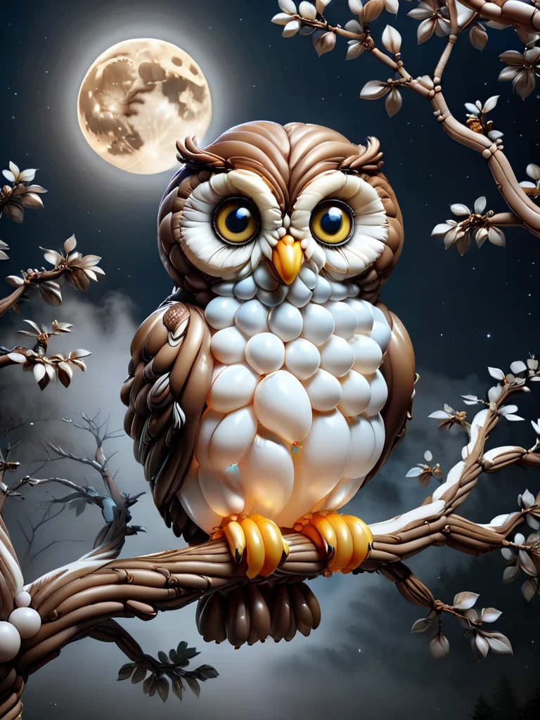 balloons, Owl made from balloons, White and brown owl, Sitting in a tree, At night, Very cute and big eyes, Shining Moon, Fog Background