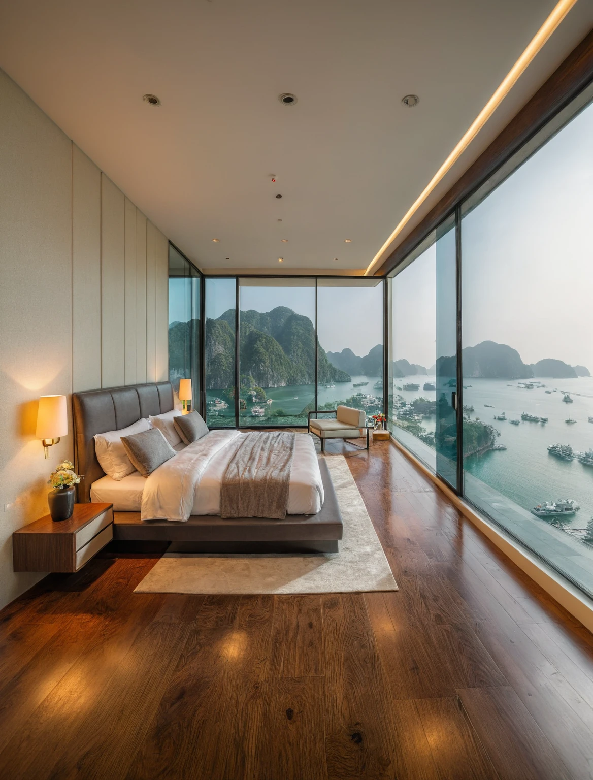 Raw photo,Masterpiece, high quality, best quality, authentic, super detail, interior, indoors, ((bedroom style modern luxury)), view sea halong bay , sunset, day light, bed, lamp, carpet, bedside cabinets, flower vase, wooden floor ,glass windows, downlight, armchair and tea table,