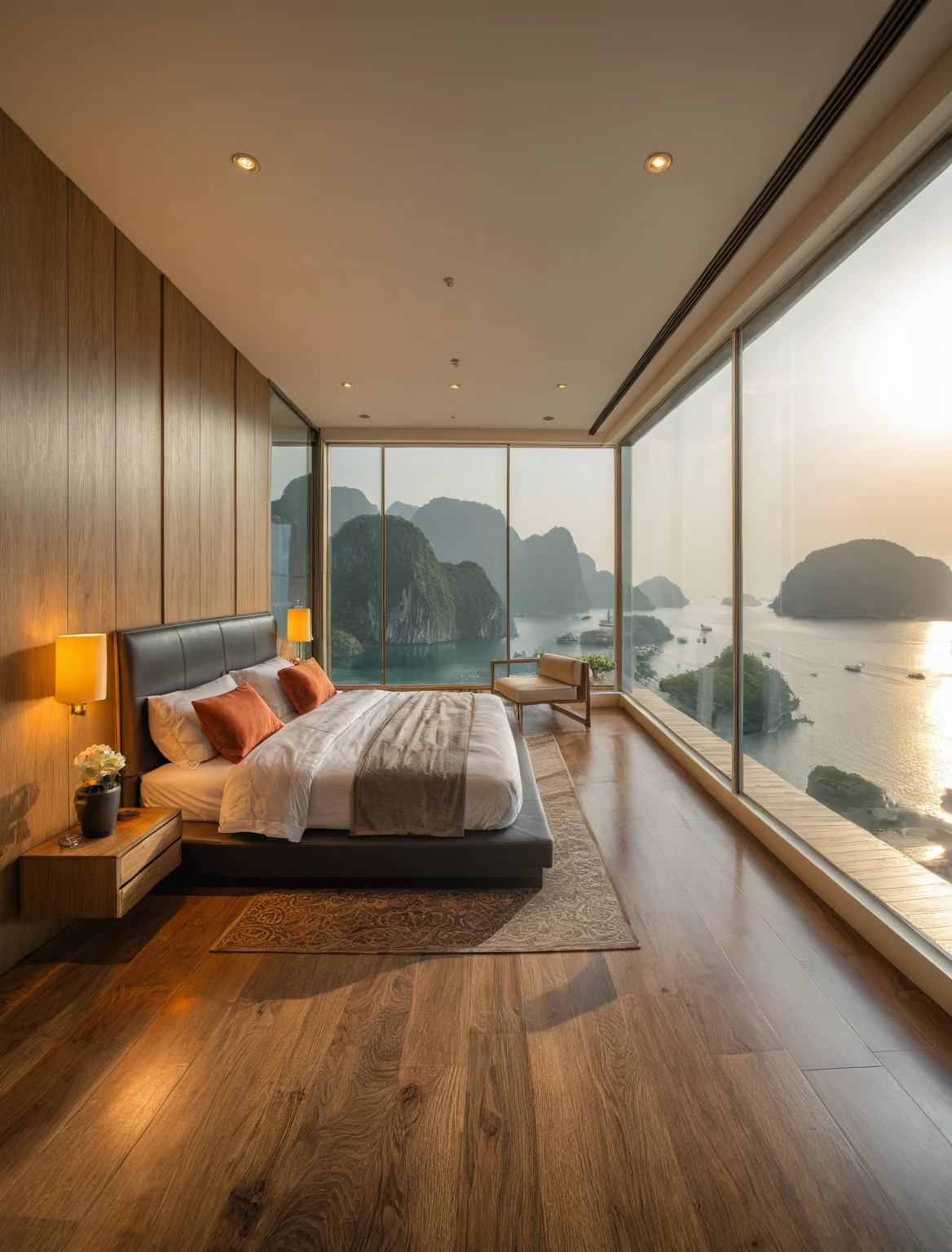 Raw photo,Masterpiece, high quality, best quality, authentic, super detail, interior, indoors, ((bedroom style modern luxury)), view sea halong bay , sunset, day light, bed, lamp, carpet, bedside cabinets, flower vase, wooden floor ,glass windows, downlight, armchair and tea table,