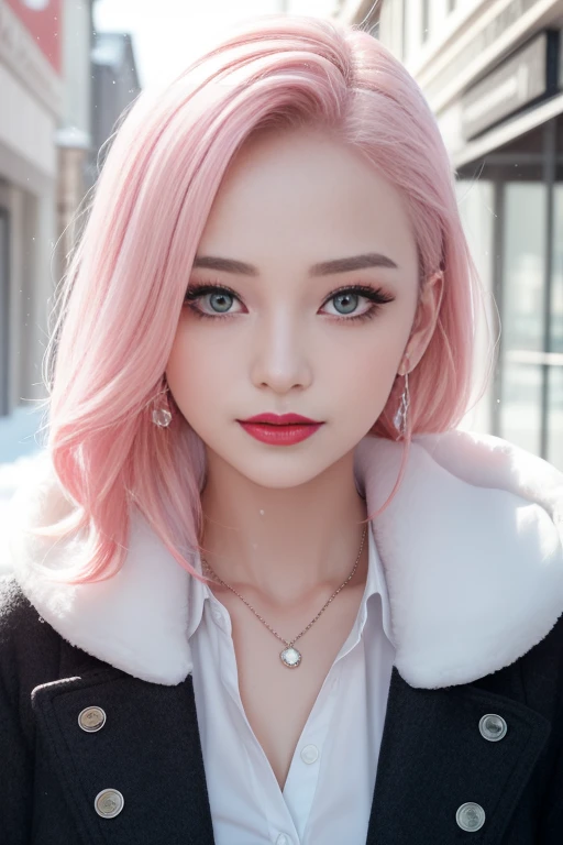 1 girl, Korean model, extremely beautiful, perfect body. Photo taken with Canon EOS R5 85mm f/11 Camera, ((sharp)) mode of people and surrounding scenery. Image quality ((8K)), ((lifelike)), ((masterpiece)), ((sharp and highest contrast)), ((great depth of field)), ((light stereolithography)). ((Cosplay pink hair)), long and smooth, the wind blows it beautifully under the bright sunlight. Beautiful face, perfect and sexy, holy, perfectly balanced, ((beautiful in every detail)), ((shiny)), ((high-end cosmetic makeup)), ((shiny bright, radiant)). Bright smile, pure white teeth and details. Seductive glossy red lips, ((brilliant glossy red lipstick)). The eyes are brown, glossy, seductive, ((sharp makeup)), realistic, ((wet eyes)) and detailed. Pink eyeshadow, long eyelashes, blush, high-end cosmetics. Two delicate eyelids, perfectly beautiful and detailed, black eyelashes. Eyebrows are curved, sparse, sharp and detailed. High and detailed nose. Cheeks are prominent and detailed. ((Ivory white, bright white skin)), detailed pores, ((shiny skin)), smooth, rosy, flawless skin texture. Long, shiny legs. Beautiful, perfect hands, ((no flaws)). ((Light shines directly on the face)), bright sunlight, ((shines light on the front part of the girl's body)). Wear earrings, necklaces, belts, ((shirts)), ((office dresses)), high heels, bracelets. Close-up photo of Girl on a deserted street, ((white snow)), cold wind, frost, bitter cold, numbness, ((frozen)), snowflakes, lonely, magical, dreamy, wait, ((hope)), ((mystical)).