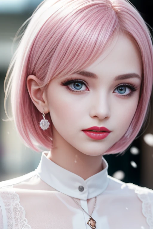 1 girl, Korean model, extremely beautiful, perfect body. Photo taken with Canon EOS R5 85mm f/11 Camera, ((sharp)) mode of people and surrounding scenery. Image quality ((8K)), ((lifelike)), ((masterpiece)), ((sharp and highest contrast)), ((great depth of field)), ((light stereolithography)). ((Cosplay pink hair)), long and smooth, the wind blows it beautifully under the bright sunlight. Beautiful face, perfect and sexy, holy, perfectly balanced, ((beautiful in every detail)), ((shiny)), ((high-end cosmetic makeup)), ((shiny bright, radiant)). Bright smile, pure white teeth and details. Seductive glossy red lips, ((brilliant glossy red lipstick)). The eyes are brown, glossy, seductive, ((sharp makeup)), realistic, ((wet eyes)) and detailed. Pink eyeshadow, long eyelashes, blush, high-end cosmetics. Two delicate eyelids, perfectly beautiful and detailed, black eyelashes. Eyebrows are curved, sparse, sharp and detailed. High and detailed nose. Cheeks are prominent and detailed. ((Ivory white, bright white skin)), detailed pores, ((shiny skin)), smooth, rosy, flawless skin texture. Long, shiny legs. Beautiful, perfect hands, ((no flaws)). ((Light shines directly on the face)), bright sunlight, ((shines light on the front part of the girl's body)). Wear earrings, necklaces, belts, ((shirts)), ((office dresses)), high heels, bracelets. Close-up photo of Girl on a deserted street, ((white snow)), cold wind, frost, bitter cold, numbness, ((frozen)), snowflakes, lonely, magical, dreamy, wait, ((hope)), ((mystical)).