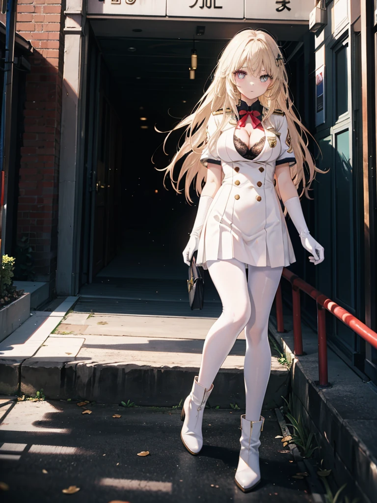 ,long hair,straight_hair,bright_pupils,cleavage,slender_waist,ankle_boots,elbow_gloves,1girl,white_pantyhose,lace,Uniforms