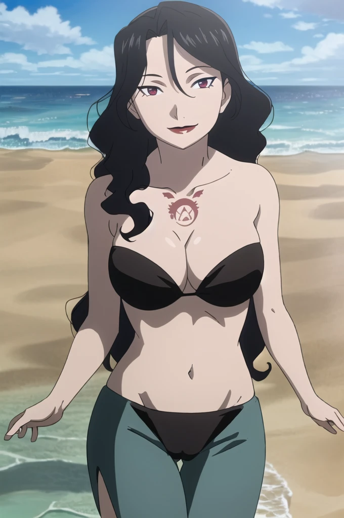 Lust, 1girl, solo, looking at viewer, smile, big breasts, chest tattoo, lips, black bikini, huge breasts, small waist, thick thighs, nice thighs, cameltoe, in water, at beach, ocean, waves, clear water, sunny sky, bright day, clear sky, cleavage, perfect quality, good quality, masterpiece, HDR, UHD, 4K, ultra hd, in frame