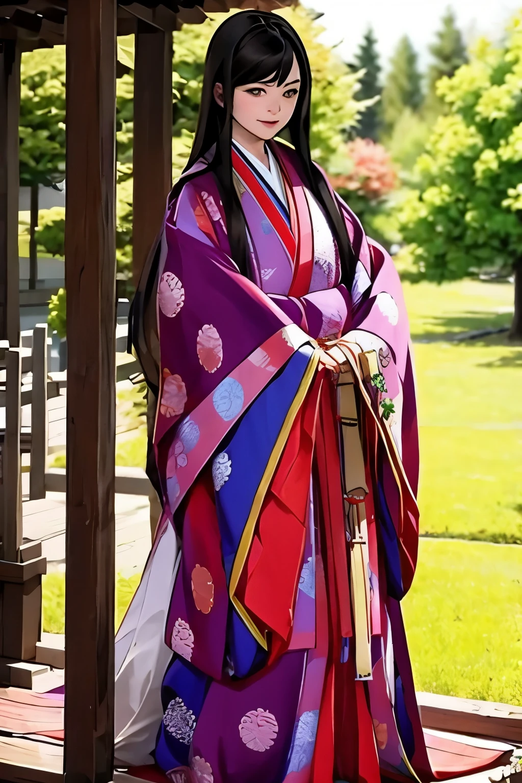 (masterpiece, best quality:1.2), 1girl, juni-hitoe, solo, very long black hair, purple-red karaginu, purple-red hakama, holding (open hiogi), blur the background, sodeguchi accurate depiction,