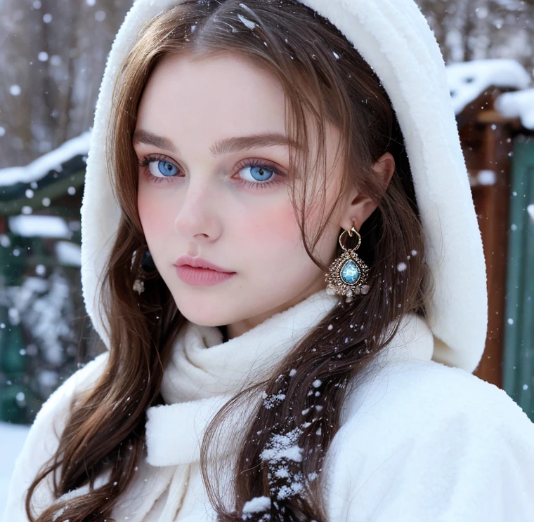 Beautiful girl - Lily Rose Depp, blue eyes, long curly white hair witg, detailed facial traits, beautiful earrings, national turkic female dress, naked breasts, yurta behind, it's snowing, sexy pose