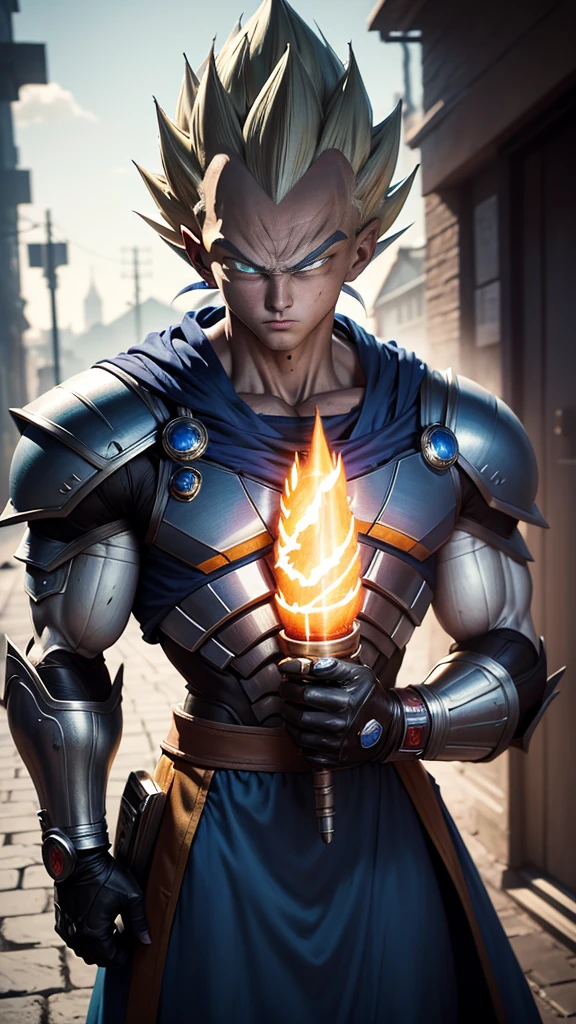 masterpiece, best quality, high resolution, perfect lighting, extremely detailed, (Vegeta Dragon Ball), battle scared white and blue carbon armor, Wearing a classic armor, full_armor, humanoid, Super Saiyan Yellow hair, at night, (extreme detailed micro mechcanical scary Super Saiyan Vegeta Blue Eyes). Samurai sword shinning silver, Runes decorative embossments over his cloak, slim muscular body fast agile and stealthy, Hiding in the shadows of a backstreet, UHD CYBORG