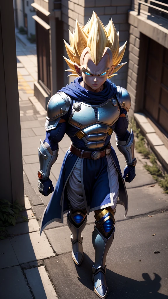masterpiece, best quality, high resolution, perfect lighting, extremely detailed, (Vegeta Dragon Ball), battle scared white and blue carbon armor, Wearing a classic armor, full_armor, humanoid, Super Saiyan Yellow hair, at night, (extreme detailed micro mechcanical scary Super Saiyan Vegeta Blue Eyes). Samurai sword shinning silver, Runes decorative embossments over his cloak, slim muscular body fast agile and stealthy, Hiding in the shadows of a backstreet, UHD CYBORG