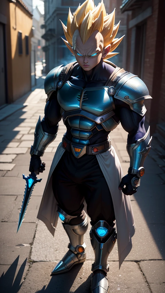 masterpiece, best quality, high resolution, perfect lighting, extremely detailed, (Vegeta Dragon Ball), battle scared white and blue carbon armor, Wearing a classic armor, full_armor, humanoid, Super Saiyan Yellow hair, at night, (extreme detailed micro mechcanical scary Super Saiyan Vegeta Blue Eyes). Samurai sword shinning silver, Runes decorative embossments over his cloak, slim muscular body fast agile and stealthy,  Hiding in the shadows of a backstreet, UHD CYBORG