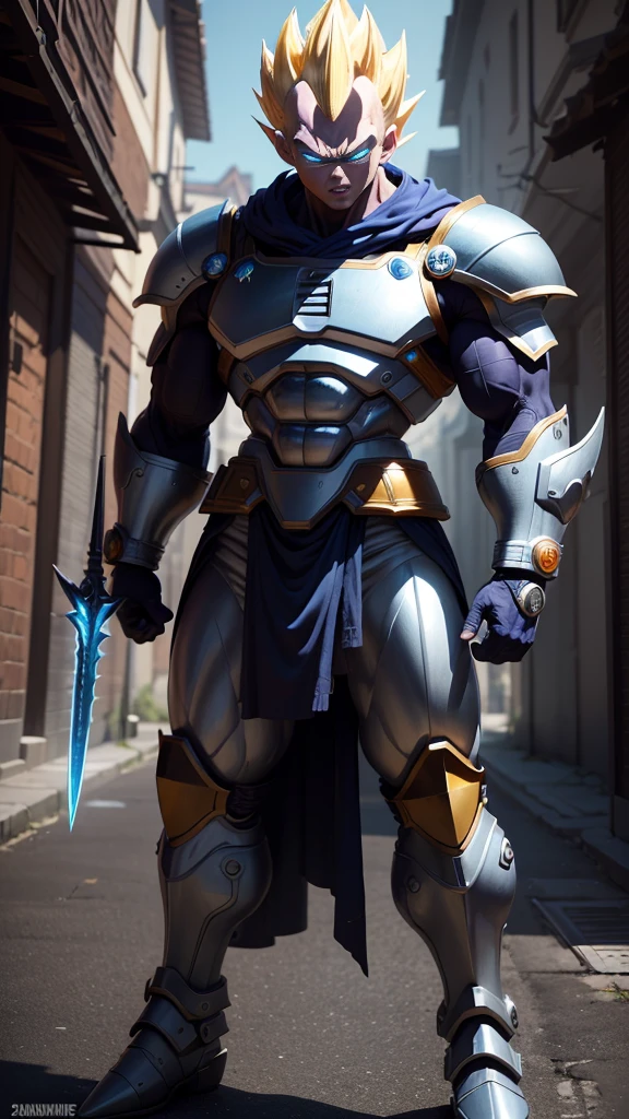 masterpiece, best quality, high resolution, perfect lighting, extremely detailed, (Vegeta Dragon Ball), battle scared white and blue carbon armor, Wearing a classic armor, full_armor, humanoid, Super Saiyan Yellow hair, at night, (extreme detailed micro mechcanical scary Super Saiyan Vegeta Blue Eyes). Samurai sword shinning silver, Runes decorative embossments over his cloak, slim muscular body fast agile and stealthy,  Hiding in the shadows of a backstreet, UHD CYBORG