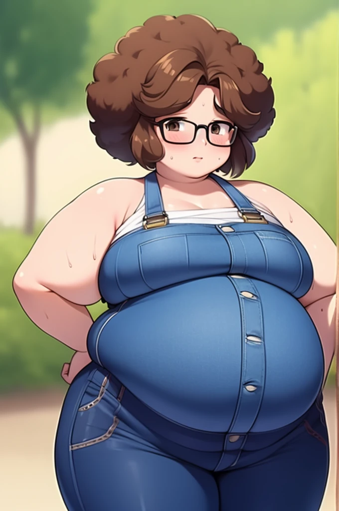 Anime Girls, Brown Hair, Forehead、Short Hair、Curly hair、Afro、Glasses、Brown eyes, Are fat、Chubby、Voluptuous、obesity、Denim jumpsuit、Jumper、Sweat、blush