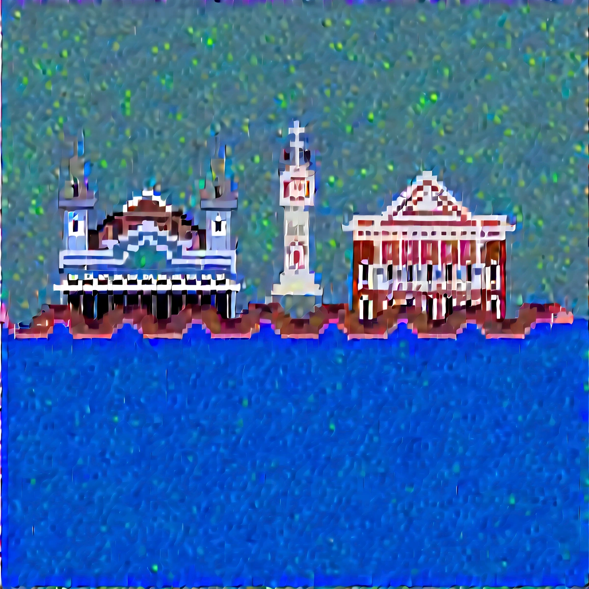 Hello! I need help creating the reflection in the water of the buildings in the attached image in pixel art style. Here are the details:
Select buildings:
Select all buildings that are above the water line.
Duplique e inverta verticalmente:
Make a copy of these buildings and flip the copy vertically.
Posicione a imagem invertida:
Place the inverted copy just below the waterline to simulate reflection.
Ajuste as cores e a opacidade:
Darken the tones of the inverted copy to differentiate the reflection from the original image.
If possible, reduza a opacidade da parte refletida.
Add distortions and ripples:
Add small horizontal distortions to the inverted copy to simulate water ripples.
Adicione detalhes como pequenas ondas ou brilhos para aumentar o realismo.
