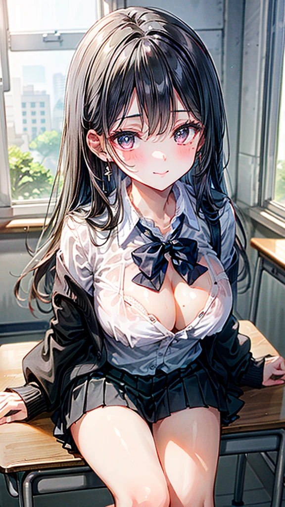 (Best quality, 8k, 32k, Masterpiece, UHD,:1.2),RAW, human, 1girl,ultra cute , ultra cute, natural lighting, transparent shining eyes, 20yo, large breast ,femur, fair complexion , flushed face, Long sleeve black cardigan, white collared shirt, black pleated mini skirt, dark red bow tie, shiny,((classroom)), near the window, soft smiling, ((waiza)), Unbuttoned shirt, From above