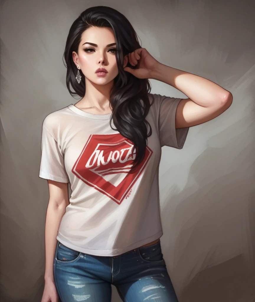 score_9, score_8_up, score_8, rating_safe, traditional art, 1girl, adamhughesstyle, minkostyle, realistic, black hair, loose untucked t-shirt, jeans pants, earrings, detailed