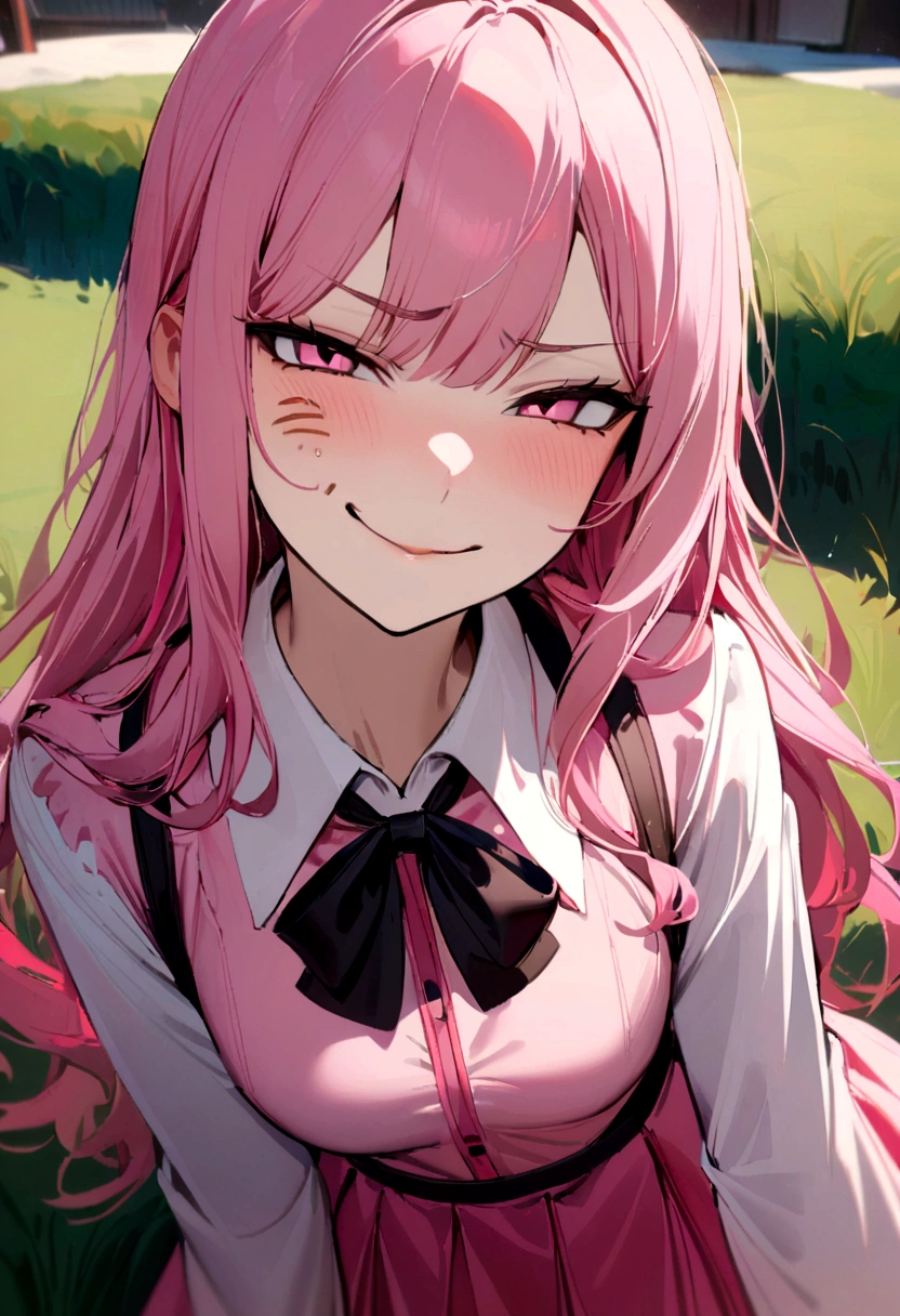 1 girl, solo, slim, short, long pink hair, long hair, pink eyes, pink blouse, long white sleeves, pink pleated skirt, black bowtie, blurry background((grass yard)), looking at viewer((cocky facial expressions, smirking))