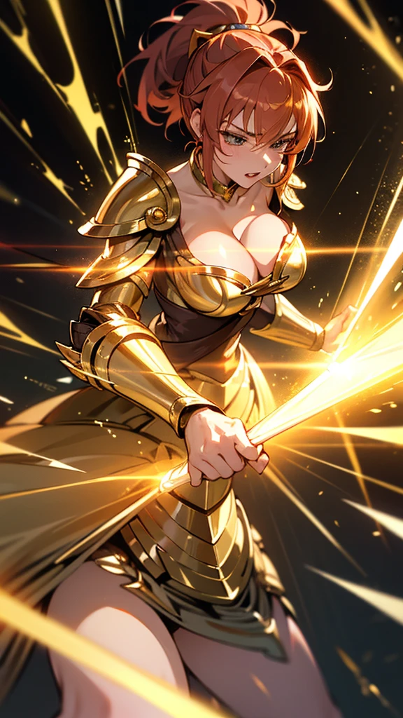 Gold Armor, 4K image, rallies, best quality, masterpiece, movie lighting ,Sexy,Large Breasts,Cleavage,action,In battle,cleavage,anger,noble,Light beams from hands,Golden lightning all around,red hair,ponytail hairstyle,Saint Seiya Leo Aiolia,Wink,lipstick