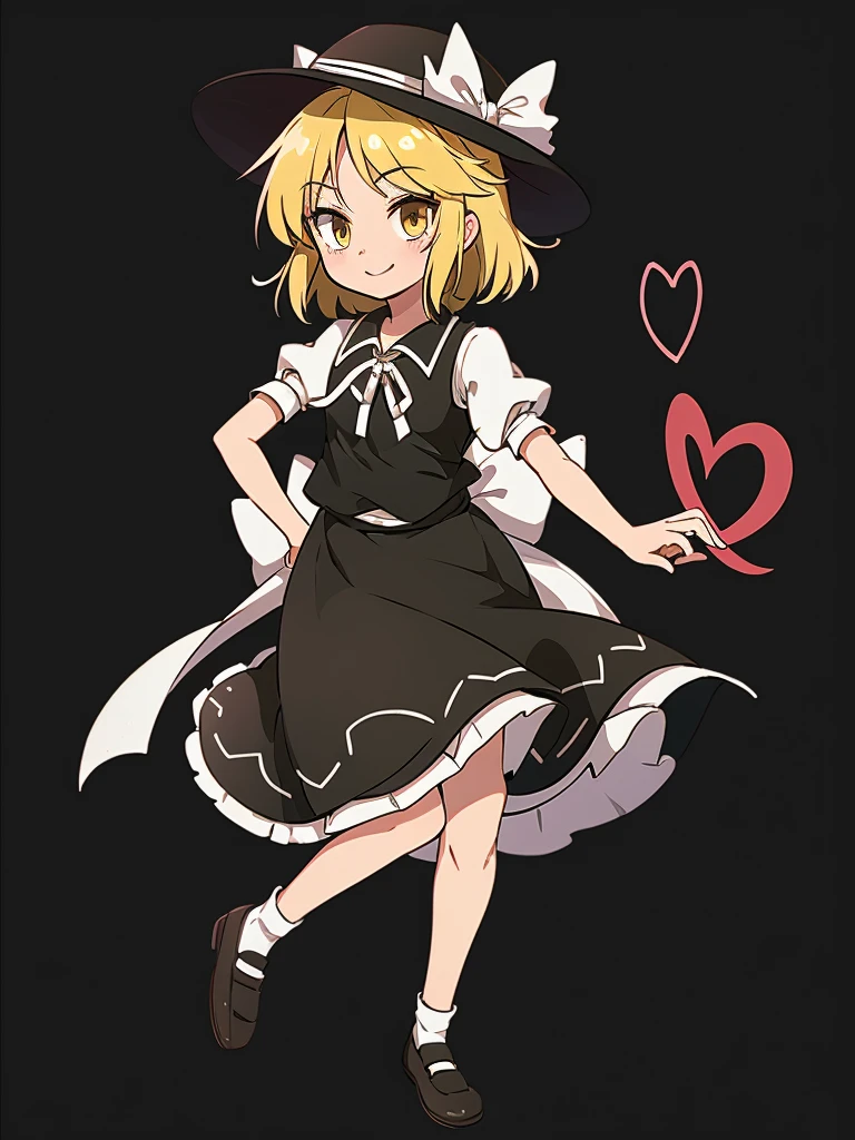 1girl, , , masterpiece, best quality, 10 years old, medium blonde hair, forehead visible bags, yellow eyes, hat, heart, black headwear, puffy short sleeves, log black skirt, heart hads,,1girl, solo, yellow eyes, yellow hair, bow, hat bow, socks, black footwear, black skirt, short sleeves, yuki (touhou), black vest, white sleeves, frill skirt, light smile