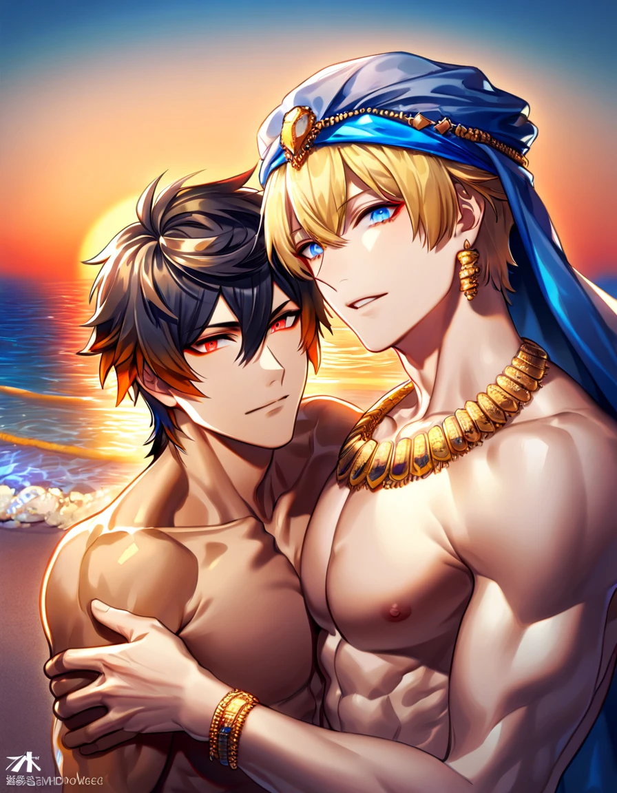 absurdres, highres, ultra detailed, HDR, master piece, best quality, extremely detailed face, delicated features, Gilgamesh, blond messy hair, expressive red eyes, fate grand order, Zhongli, black hair, expressive blue eyes, two sexy men together, gay couple, handsome, toned chest, arabian, sea, beach, sunset