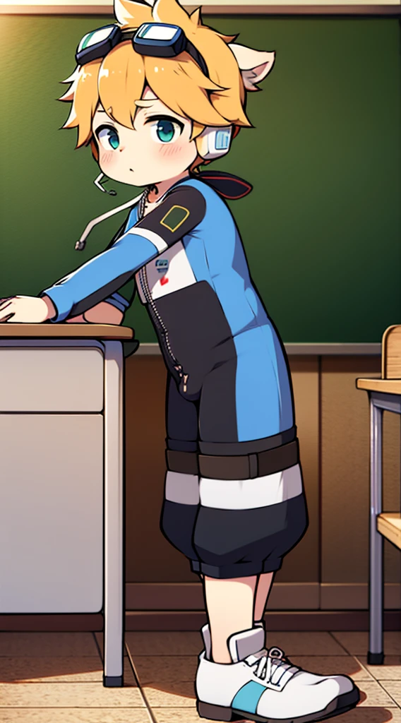 2D Shonen Shota，One-piece mountaineering suit，Put the headphones on your head，permanent，goggles，trumpet，Cow ears，sports shoes，classroom，Pull down the zipper