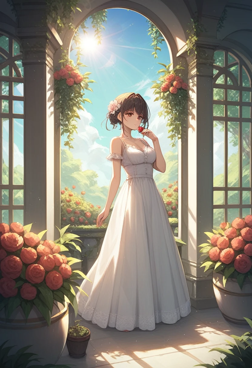 A beautiful young woman picks tomatoes from a beautiful garden., beautiful scenery, Clear picture quality, pleasant sky, beautiful sunlight, sunlight, nice clothes,Exceptionally high quality, Makato Shinkai style, anime style,