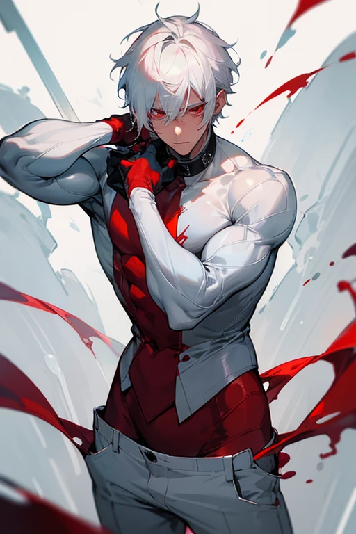 male、White Hair、Short Hair、Red Eye、Cold-blooded man、Handsome、Well-built、Cold Face、Well-formed face、Semen dripping on clothes、White, sticky love juice、Pants got wet、Overflowing from the crotch、Red stained ears、Looks like he's in pain、male器、