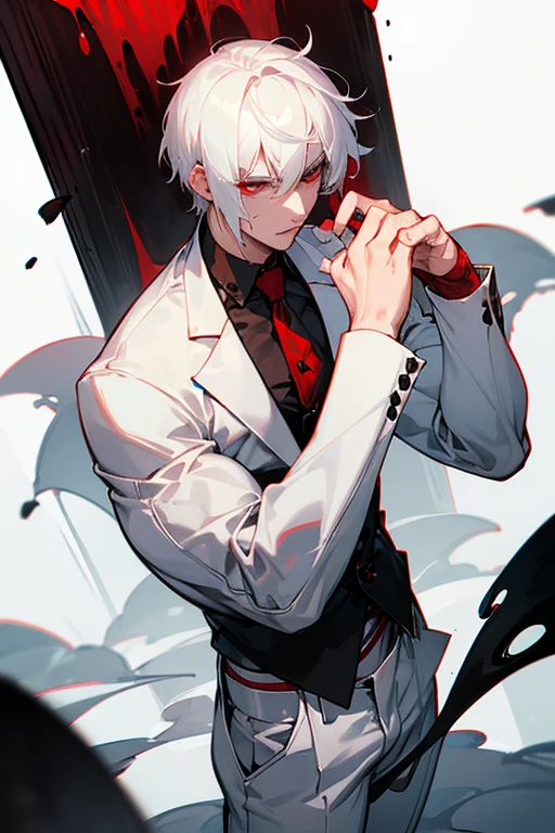 male、White Hair、Short Hair、Red Eye、Cold-blooded man、Handsome、Well-built、Cold Face、Well-formed face、Semen dripping on clothes、White, sticky love juice、Pants got wet、Overflowing from the crotch、Red stained ears、Looks like he's in pain、male器、