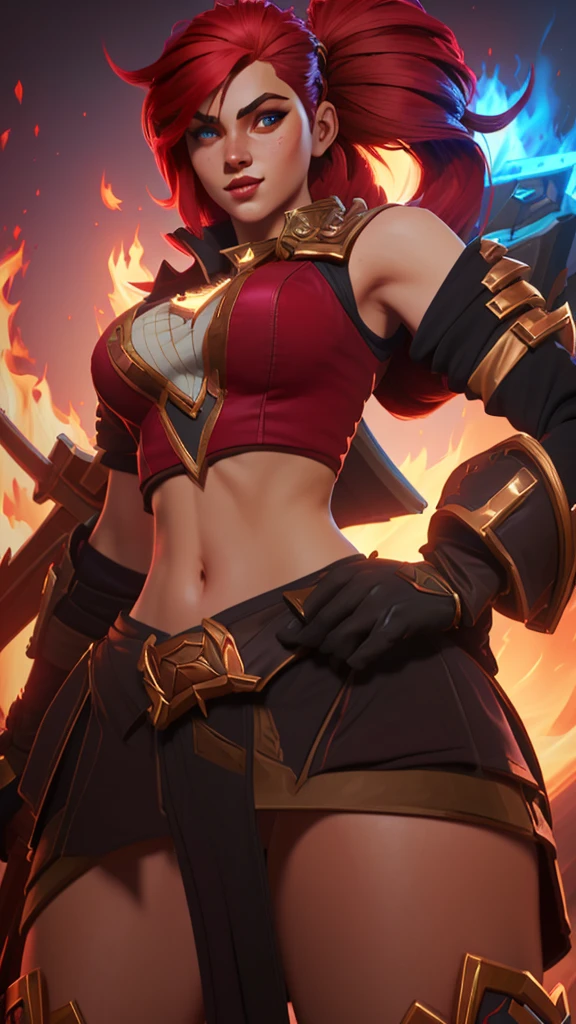 a close up of a woman with a sword and a fire in the background, alexstrasza, extremely detailed artgerm, miss fortune, brigitte from overwatch, katarina, miss fortune league of legends, brigitte, deviantart artstation cgscosiety, inspired by rossdraws, redhead queen in heavy red armor, wlop and rossdraws