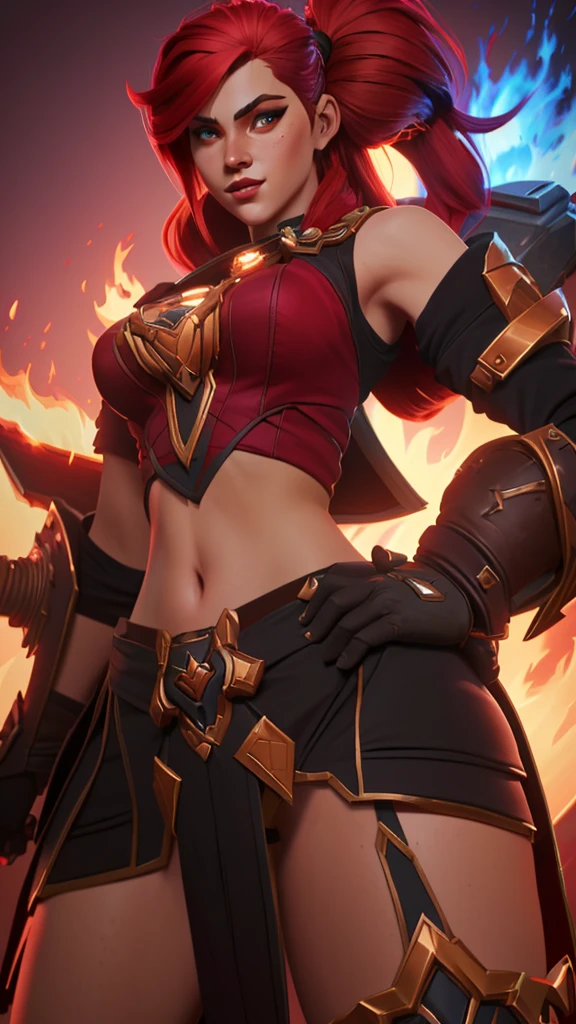 a close up of a woman with a sword and a fire in the background, alexstrasza, extremely detailed artgerm, miss fortune, brigitte from overwatch, katarina, miss fortune league of legends, brigitte, deviantart artstation cgscosiety, inspired by rossdraws, redhead queen in heavy red armor, wlop and rossdraws