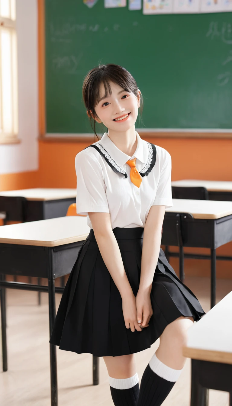 ((masterpiece)), ((best quality)), ((high resolution)), ((Extremely detailed CG unity 8k wallpaper)), Solitary, Orange, Black skirt, White socks, Little Smile, classroom