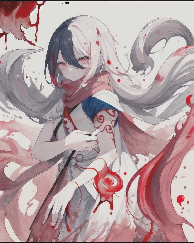 1 Girl,(蓝Long hair)),Red and blue pupils,radish,Long hair,(loose Long hair),((White cape)),Pink scarf,Cold eyes,The face is firm,Red flowers fall,Upper Body,Strong shadows,Ash,fire,ice,((Ink wAsh painting)),((ink splAshing)),((color splAshing)),