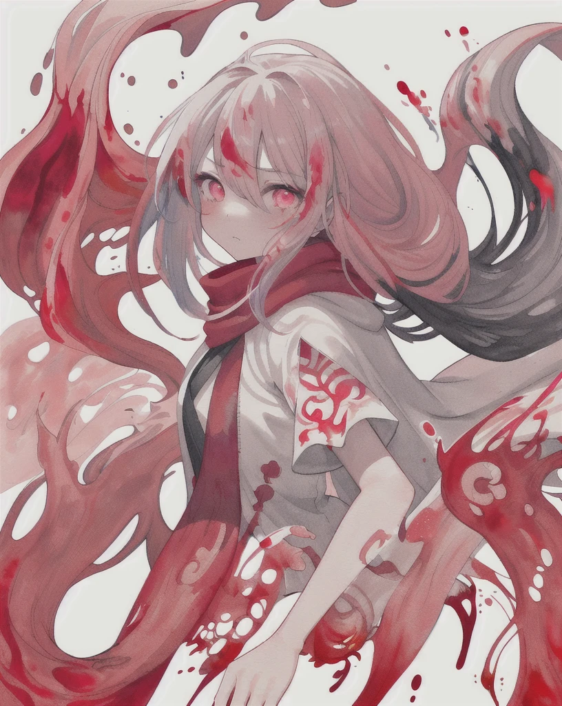 1 Girl,(蓝Long hair)),Red and blue pupils,radish,Long hair,(loose Long hair),((White cape)),Pink scarf,Cold eyes,The face is firm，Red flowers fall,Upper Body,Strong shadows,Ash,fire,ice,((Ink wAsh painting)),((ink splAshing)),((color splAshing)),