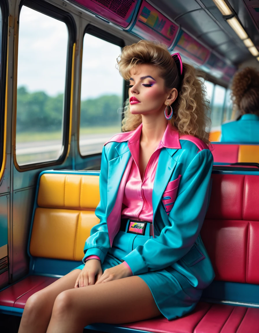 A 80s woman in 80s fashion with iconic 80s hairstyle, is sitting on a back of a shuttle bus, thinking wit her eyes shut, realistic style