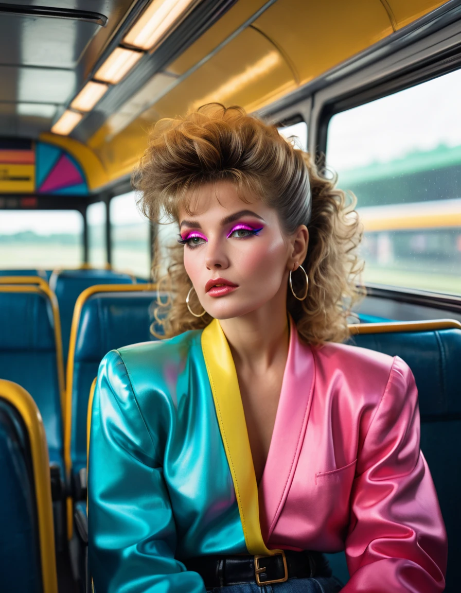 A 80s woman in 80s fashion with iconic 80s hairstyle, is sitting on a back of a shuttle bus, thinking wit her eyes shut, realistic style