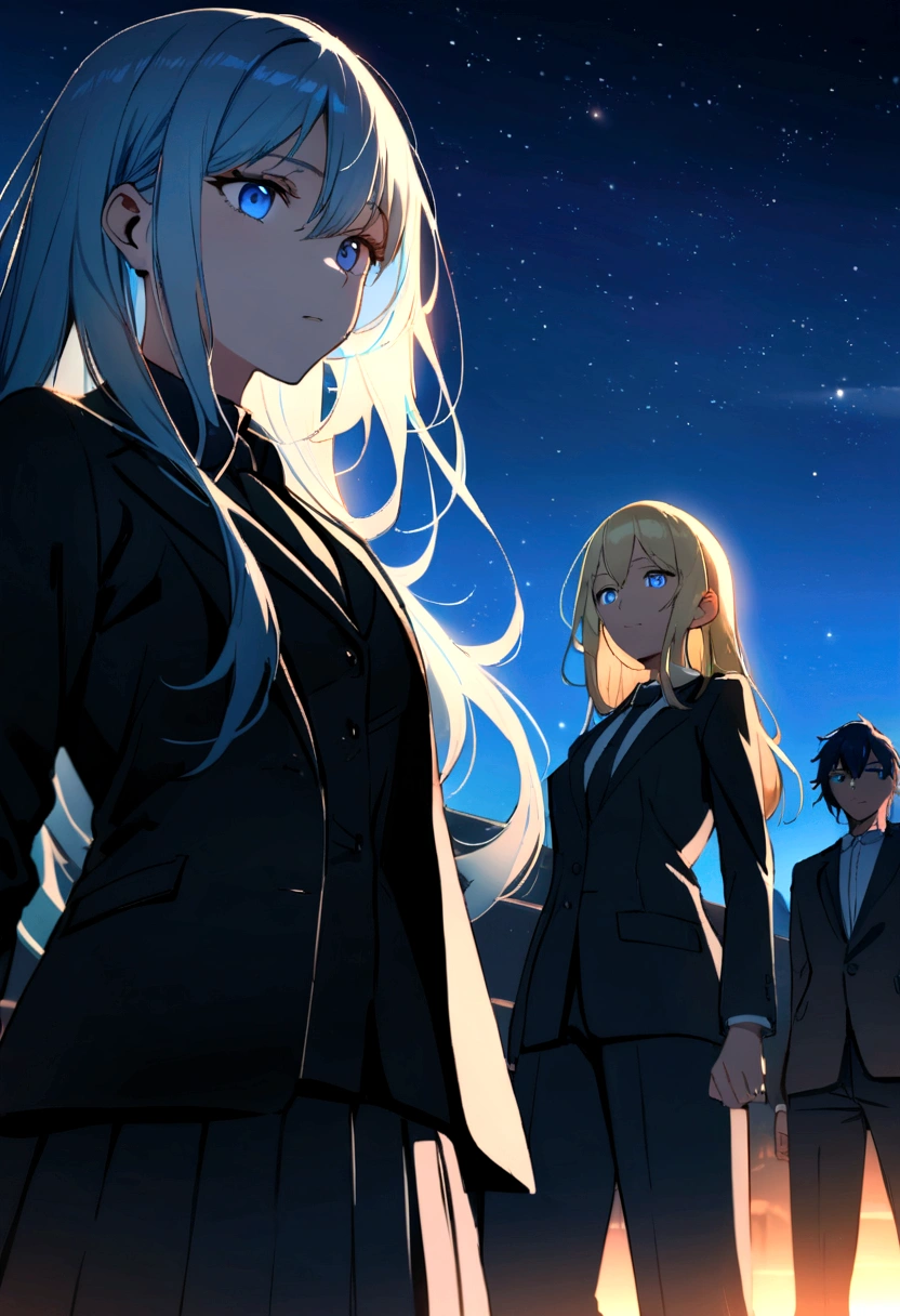 (Highest quality)facial details,group,Half body girl with long blue hair Blue eyes, black suit, black skirt,Teenage woman, light blonde long hair, blue eyes, black suit shirt, black skirt, Beautiful morning light(Detailed background (little light pollution))
