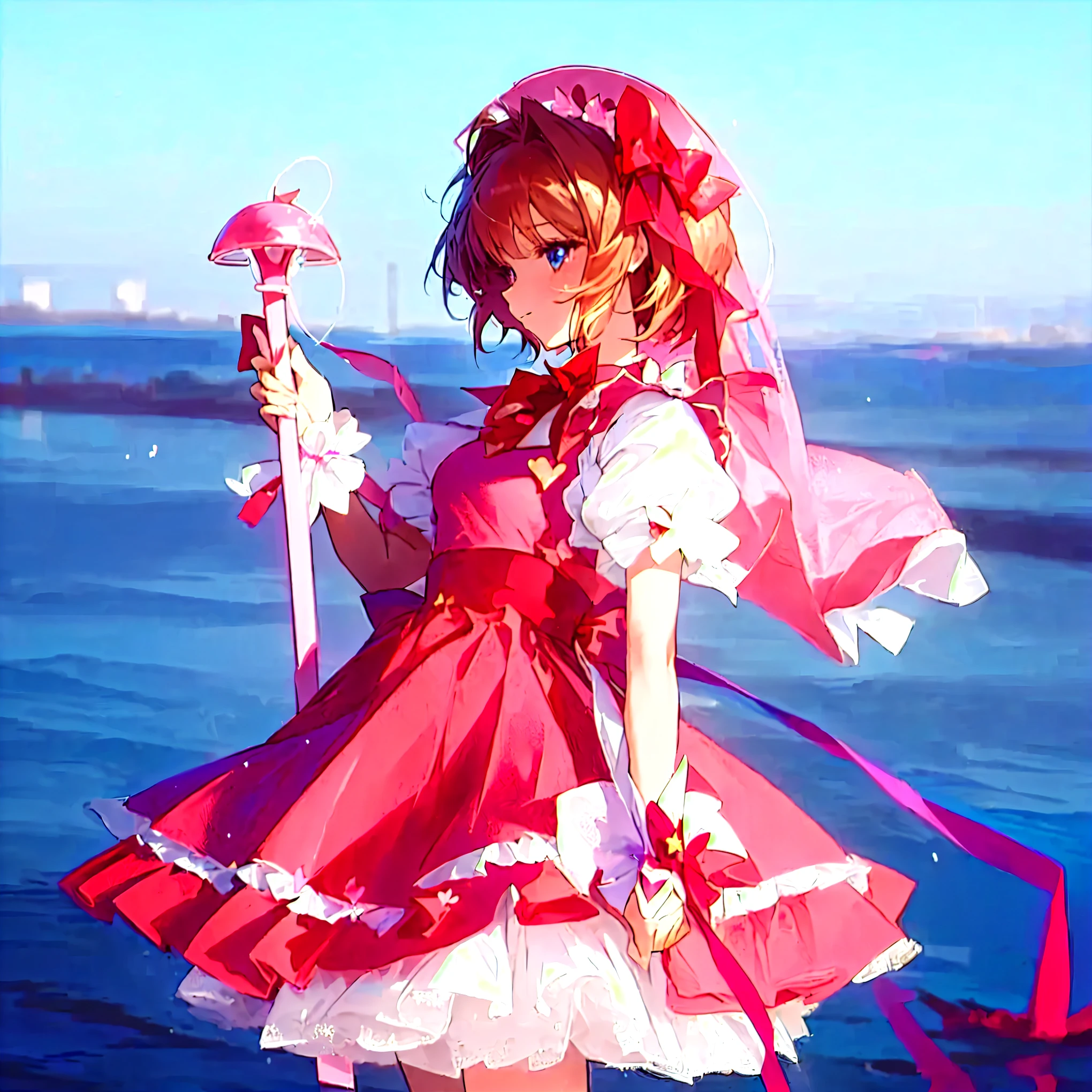 Anime girl in a pink dress holding a pink umbrella and a pink star, Cute anime girl in a beautiful skirt, splash art anime Change, Change in dress, portrait of Magical girl, style of Magical girl, Magical girl, High-quality anime art style, From, Cute girl anime visual, Change, Anime cute art style