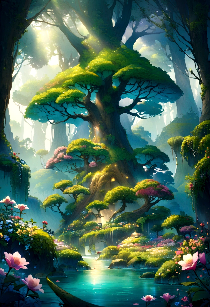 In the magical forest。Tree with sunlight shining through々Between、Little fairies flying around。Beautiful flowers on the ground々blooms、The clear river flows quietly。Like an animated movie、Mysterious and beautiful fantasy landscape。
