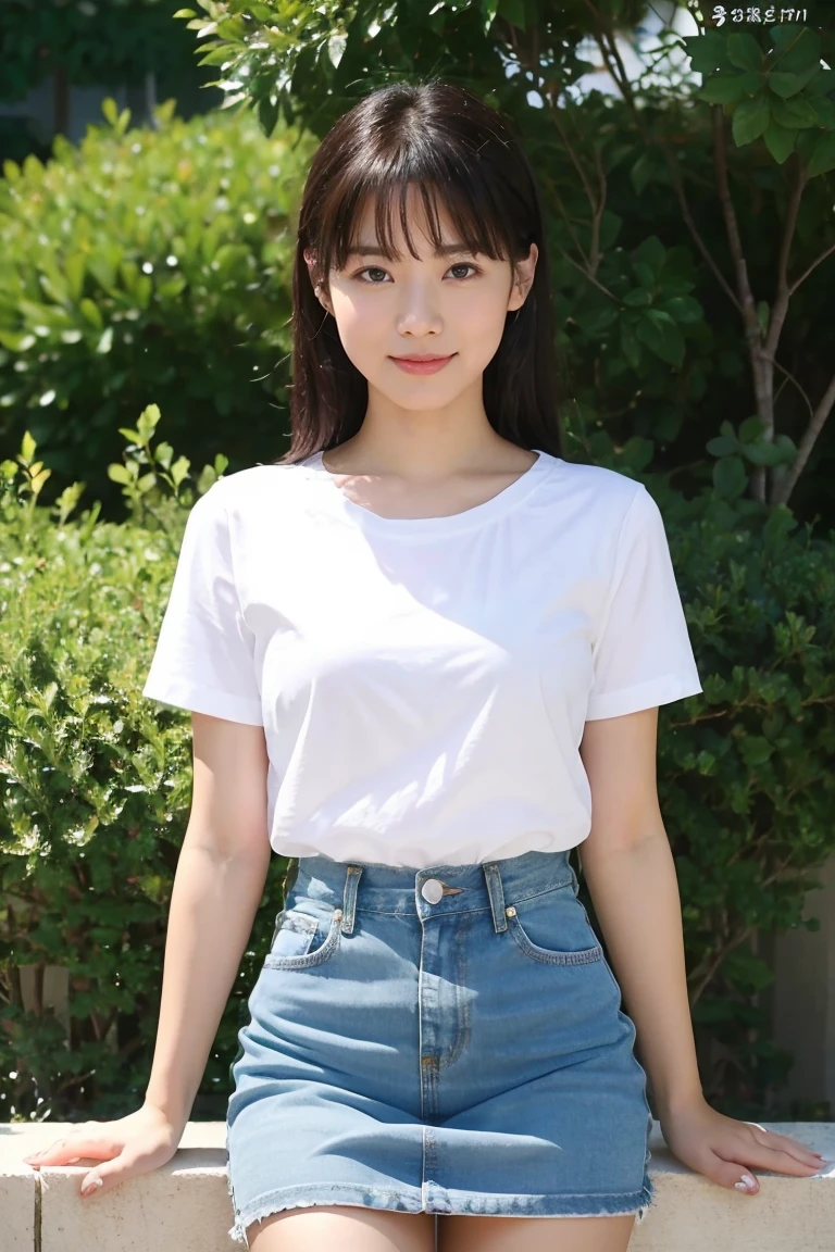 Medium Size Display, Medium Shot, Written boundary depth, bust, Upper Body, Movie angle, masterpiece, Highest quality, Very detailed, CG, 8k wallpaper, Beautiful Face, Delicate eyes, Otome, alone, smile, Divide the salad、cute、White T-shirt,Light blue denim mini skirt