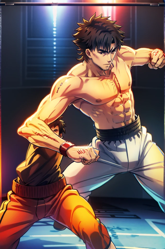 cartoon of a man with boxing gloves and a man with a boxing glove, boxing match, hajime no ippo manga inspired, knockout punch, game illustration, drunken boxing, fan art, background artwork, world championship fight, fistfight, in a boxing ring, boxing, inspired by Daryush Shokof, game art, fight, fight battle, fighting game, shirtless 