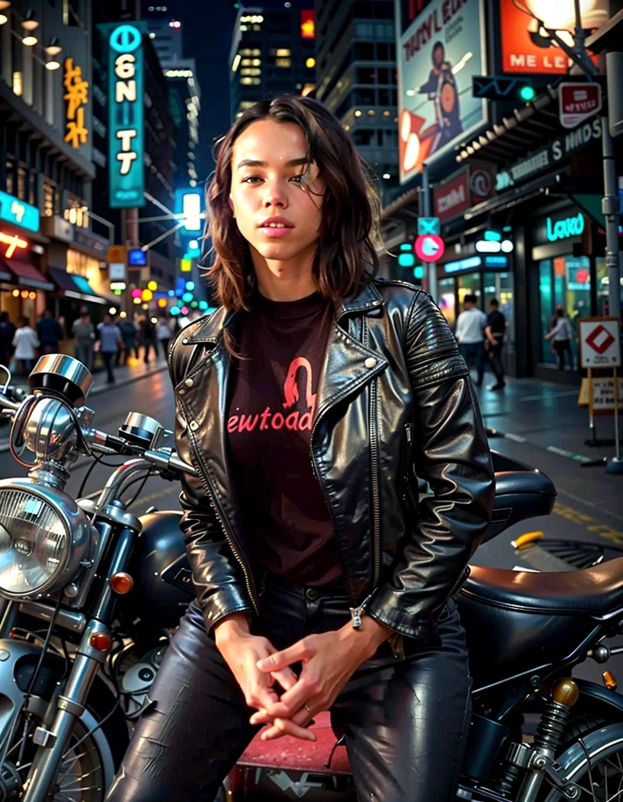 (masterpiece, Best Quality), ultra-detailed, Photorealsitic, full body, a indonesian male model, ((Coordinating leather jackets)), short black Hair, , Dark, seductive smile, Night city, pvc pants, (nsfw:1.1)
