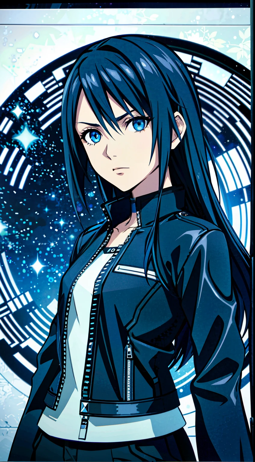 (high-quality, breathtaking),(expressive eyes, perfect face) Symmetrical Eyes, portrait, nomura tetsuya, nomura tetsuya art style, Kingdom Hearts, 1girl, female, black hair color, dark blue eye colors, hair between eyes, long hair length, neutral expression, feminine face black long sleeved jacket, open jacket, white shirt, black pants, facing towards viewer, black background, official art, starry night, kingdom hearts outfit
